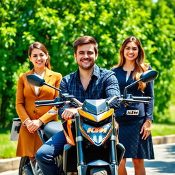 A handsome 26-year-old man, relaxed in front of his KTM Duke motorcycle, exuding confidence