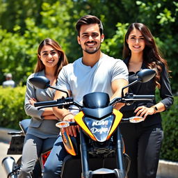 A handsome 26-year-old man, relaxed in front of his KTM Duke motorcycle, exuding confidence