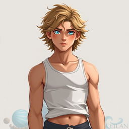 A detailed character design of Thomas Lachlan, the 17-year-old son of Poseidon