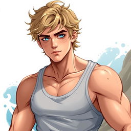 A detailed character design of Thomas Lachlan, the 17-year-old son of Poseidon