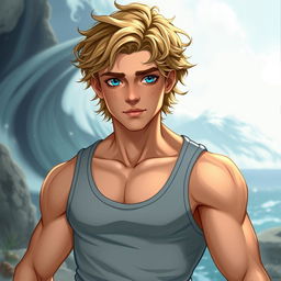 A detailed character design of Thomas Lachlan, the 17-year-old son of Poseidon