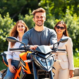 A handsome and humorous 26-year-old man, relaxed and cheerful in front of his KTM Duke motorcycle, radiating success
