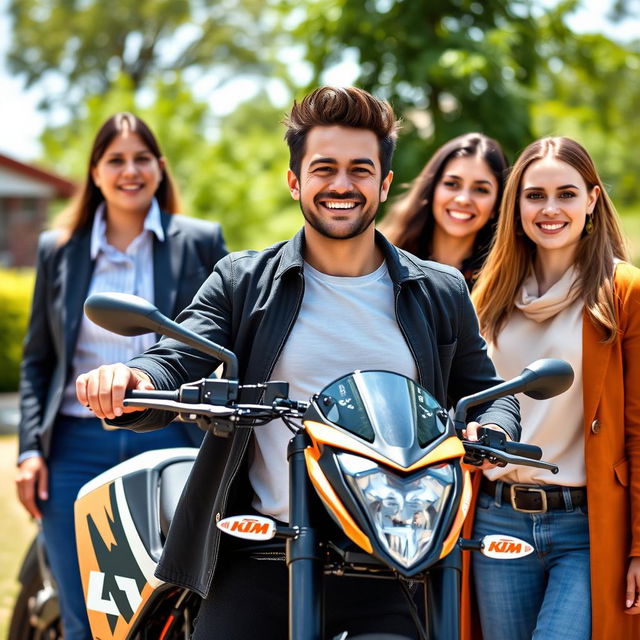 A handsome and humorous 26-year-old man, relaxed and cheerful in front of his KTM Duke motorcycle, radiating success