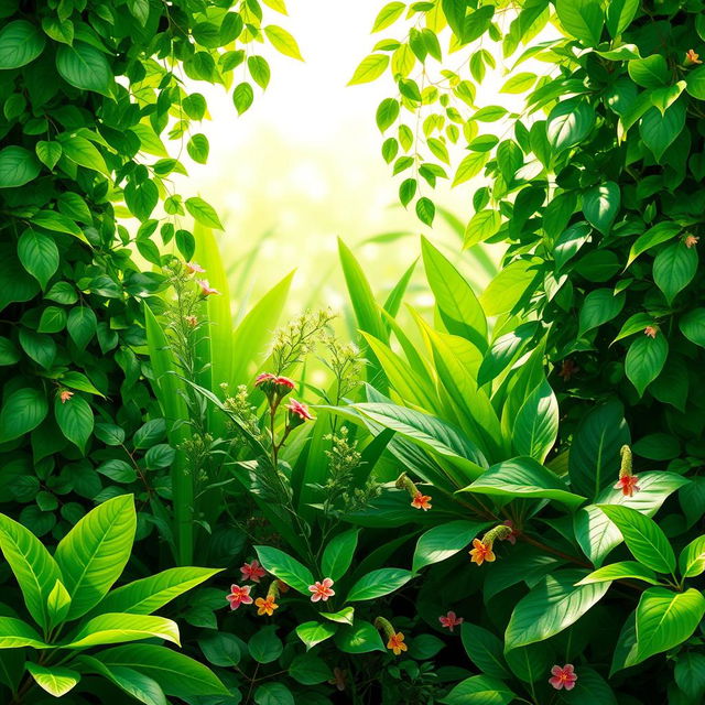 A lush, vibrant green background featuring a variety of plants and foliage, creating a serene and refreshing atmosphere