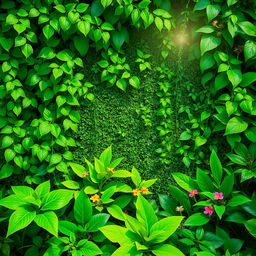 A lush, vibrant green background featuring a variety of plants and foliage, creating a serene and refreshing atmosphere