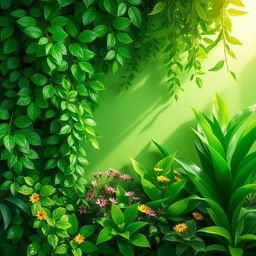 A lush, vibrant green background featuring a variety of plants and foliage, creating a serene and refreshing atmosphere