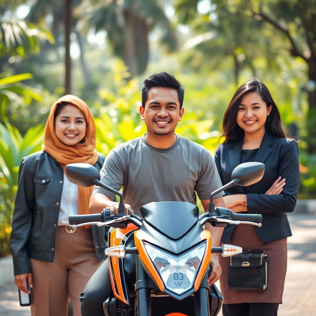 A handsome and humorous 26-year-old Indonesian man, confidently relaxed in front of his KTM Duke motorcycle