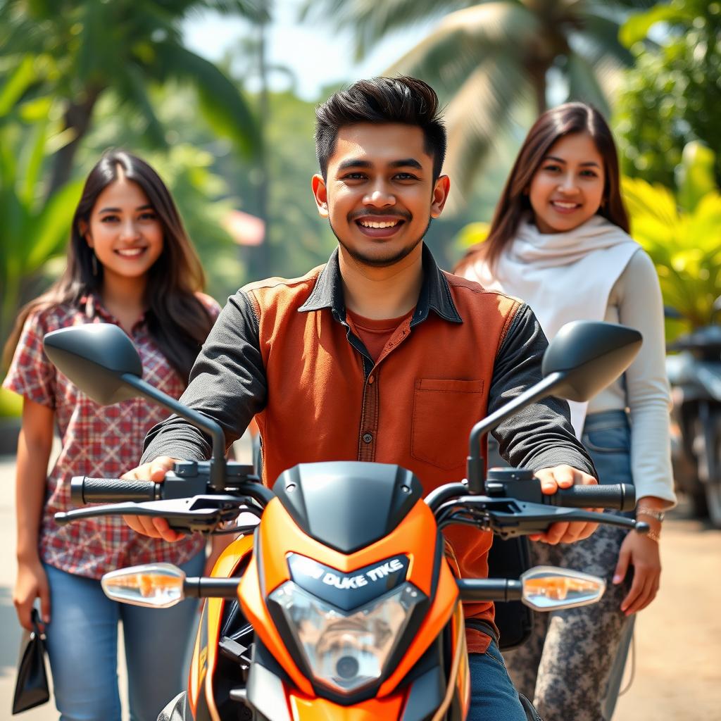 A handsome and humorous 26-year-old Indonesian man, confidently relaxed in front of his KTM Duke motorcycle