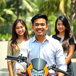 A handsome and humorous 26-year-old Indonesian man, confidently relaxed in front of his KTM Duke motorcycle