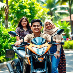 A handsome and humorous 26-year-old Indonesian man, confidently relaxed in front of his KTM Duke motorcycle