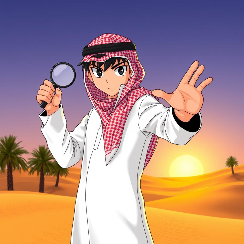 A young detective resembling Conan Edogawa, dressed in a traditional Saudi white thobe and red checkered ghutrah (headscarf)