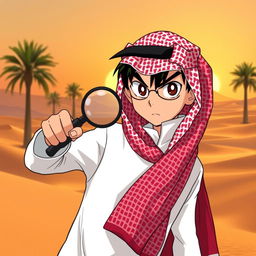A young detective resembling Conan Edogawa, dressed in a traditional Saudi white thobe and red checkered ghutrah (headscarf)