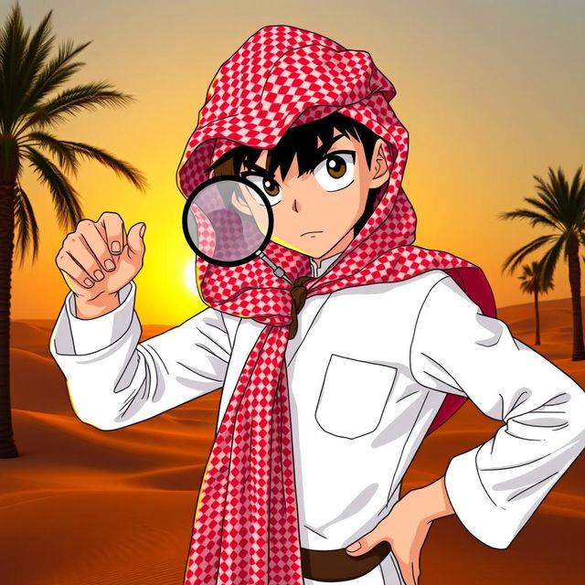 A young detective resembling Conan Edogawa, dressed in a traditional Saudi white thobe and red checkered ghutrah (headscarf)