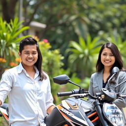A handsome and humorous 26-year-old Indonesian man, embodying success, standing confidently next to his KTM Duke motorcycle