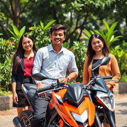 A handsome and humorous 26-year-old Indonesian man, embodying success, standing confidently next to his KTM Duke motorcycle