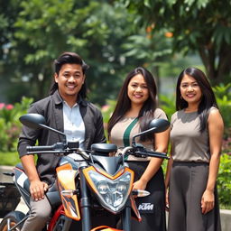 A handsome and humorous 26-year-old Indonesian man, embodying success, standing confidently next to his KTM Duke motorcycle