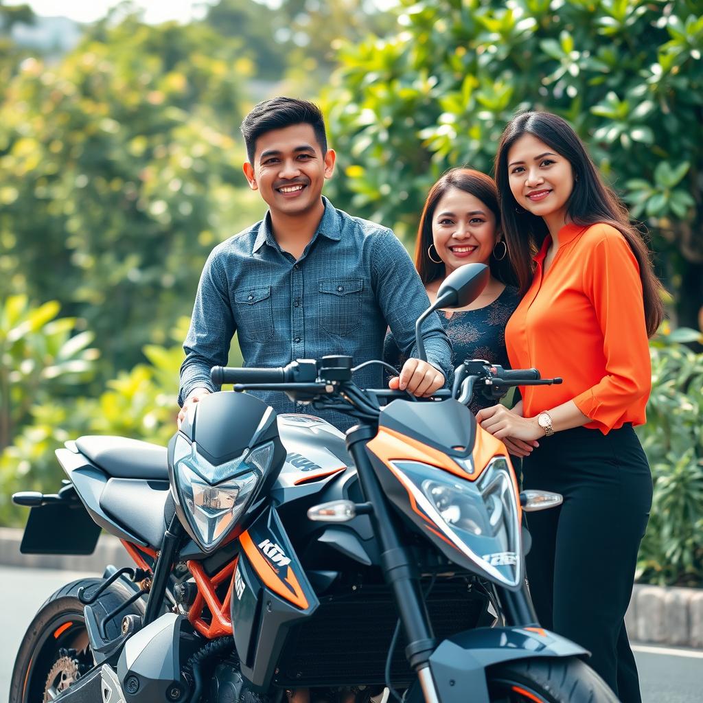 A handsome and humorous 26-year-old Indonesian man, embodying success, standing confidently next to his KTM Duke motorcycle