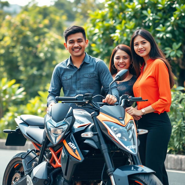 A handsome and humorous 26-year-old Indonesian man, embodying success, standing confidently next to his KTM Duke motorcycle