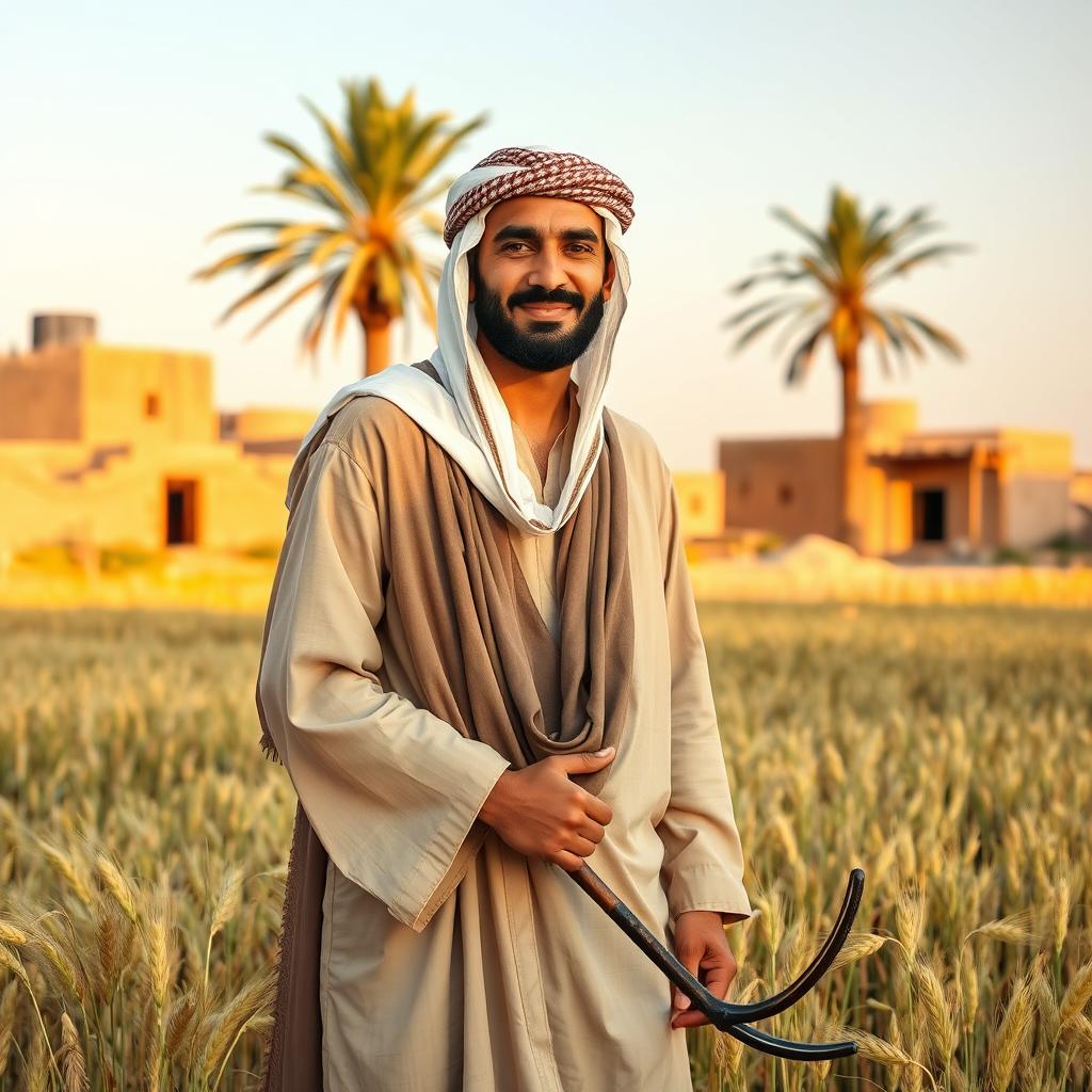 A portrait of a Bedouin Arab farmer in a traditional setting, showcasing his dedication to agriculture