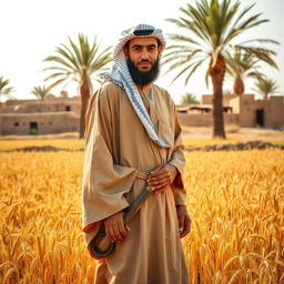 A portrait of a Bedouin Arab farmer in a traditional setting, showcasing his dedication to agriculture