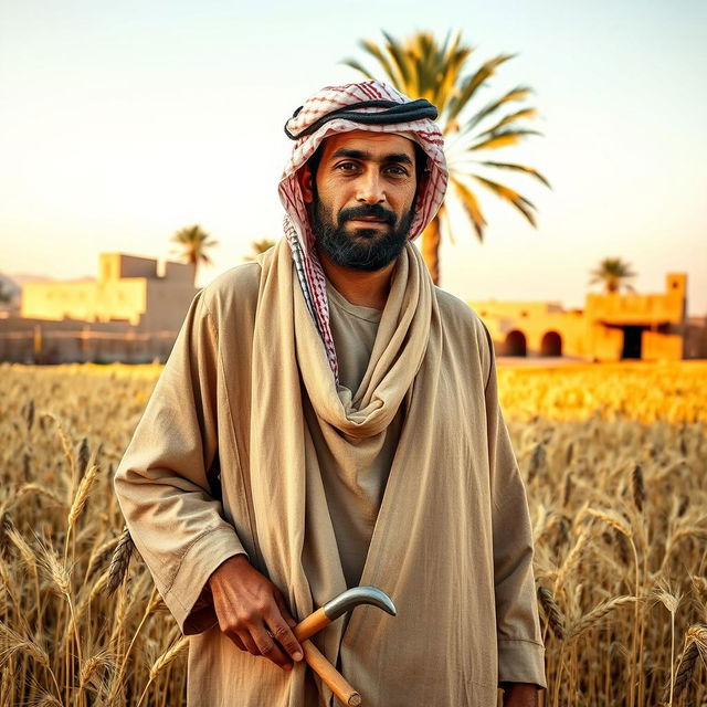 A portrait of a Bedouin Arab farmer in a traditional setting, showcasing his dedication to agriculture