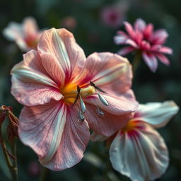 A beautiful flower with a delicate face, weeping as if in sorrow, surrounded by wilting petals reminiscent of a dying bud