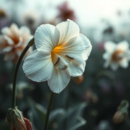 A beautiful flower with a delicate face, weeping as if in sorrow, surrounded by wilting petals reminiscent of a dying bud
