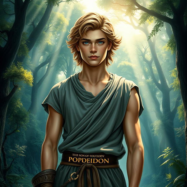 An enchanting book cover for a fantasy novel rooted in Greek mythology, featuring a 17-year-old character who is the son of Poseidon