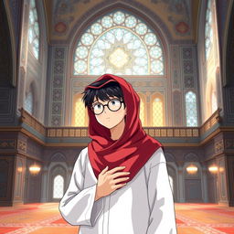 A character resembling a detective, inspired by a popular anime, wearing a white thobe and a red Saudi shemagh, performing prayer inside a beautifully designed mosque