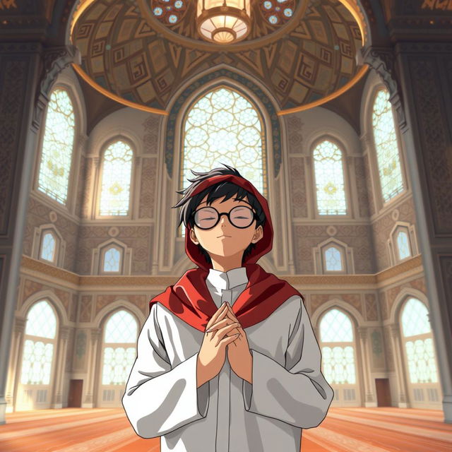 A character resembling a detective, inspired by a popular anime, wearing a white thobe and a red Saudi shemagh, performing prayer inside a beautifully designed mosque