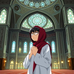 A character resembling a detective, inspired by a popular anime, wearing a white thobe and a red Saudi shemagh, performing prayer inside a beautifully designed mosque