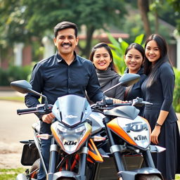 A handsome and humorous 26-year-old Indonesian man, exuding success, confidently standing next to his KTM Duke motorcycle