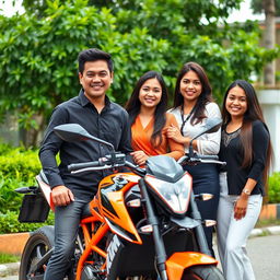 A handsome and humorous 26-year-old Indonesian man, exuding success, confidently standing next to his KTM Duke motorcycle