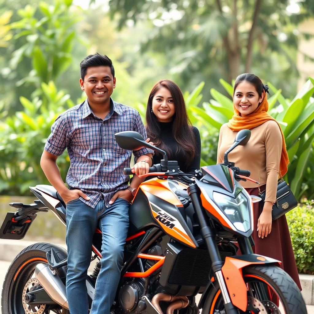 A handsome and humorous 26-year-old Indonesian man, exuding success, confidently standing next to his KTM Duke motorcycle