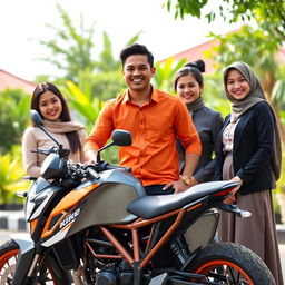 A handsome and humorous 26-year-old Indonesian man, exuding success, confidently standing next to his KTM Duke motorcycle