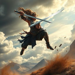 An epic scene featuring a powerful swordsman mid-air, executing a dynamic jumping thrust with a sword