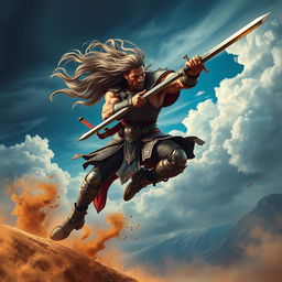 An epic scene featuring a powerful swordsman mid-air, executing a dynamic jumping thrust with a sword