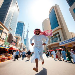 Conan Edogawa, dressed in a white robe and a traditional Saudi red shemagh, running energetically through the bustling streets of Riyadh, surrounded by modern skyscrapers and traditional architecture, vibrant market scenes, and people in contemporary and traditional attire
