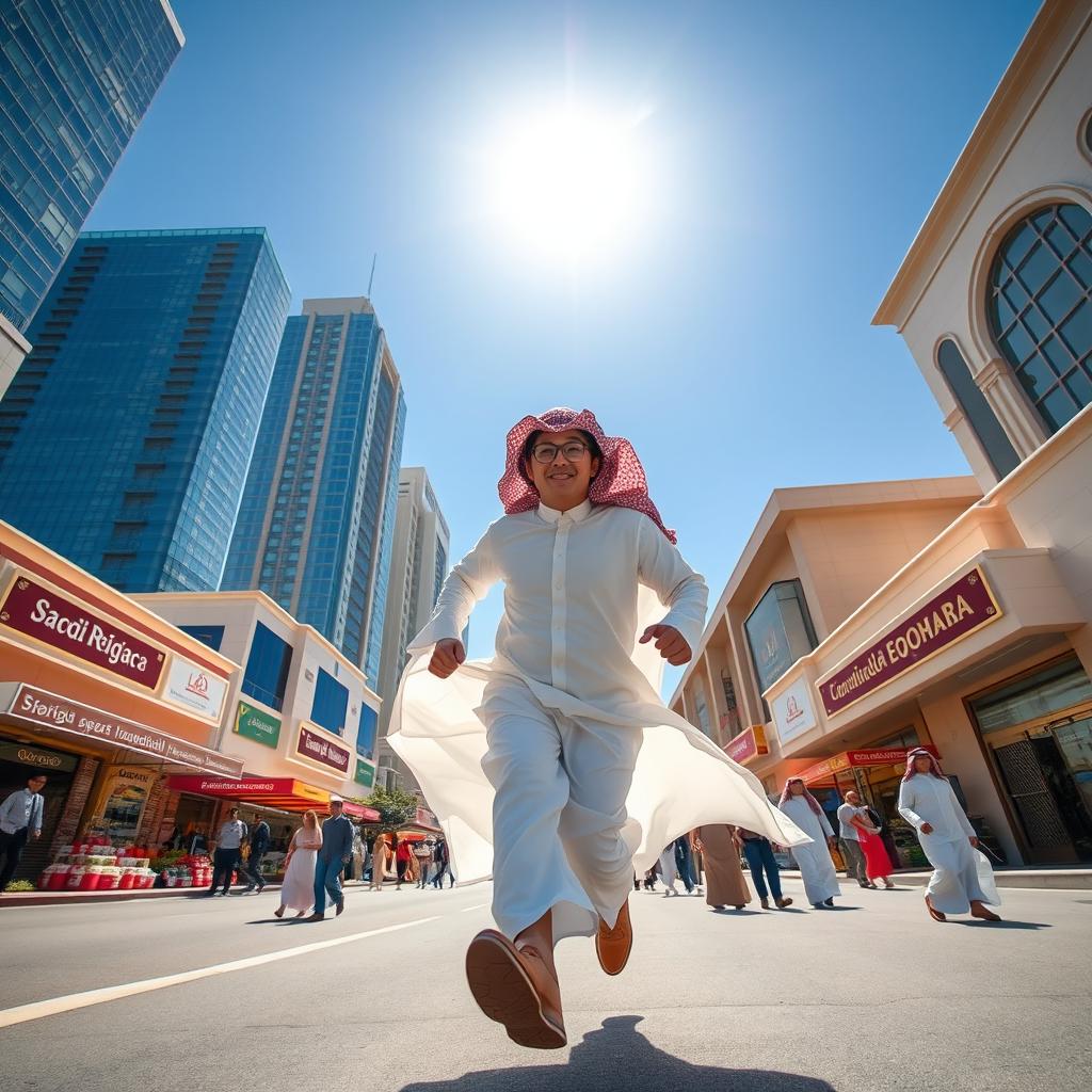 Conan Edogawa, dressed in a white robe and a traditional Saudi red shemagh, running energetically through the bustling streets of Riyadh, surrounded by modern skyscrapers and traditional architecture, vibrant market scenes, and people in contemporary and traditional attire