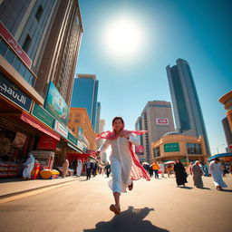 Conan Edogawa, dressed in a white robe and a traditional Saudi red shemagh, running energetically through the bustling streets of Riyadh, surrounded by modern skyscrapers and traditional architecture, vibrant market scenes, and people in contemporary and traditional attire