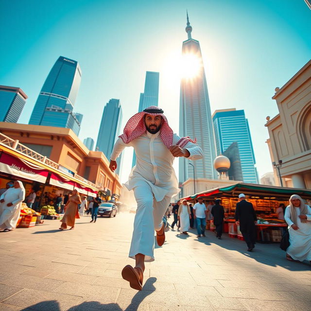 Conan Edogawa, dressed in a white robe and a traditional Saudi red shemagh, running energetically through the bustling streets of Riyadh, surrounded by modern skyscrapers and traditional architecture, vibrant market scenes, and people in contemporary and traditional attire