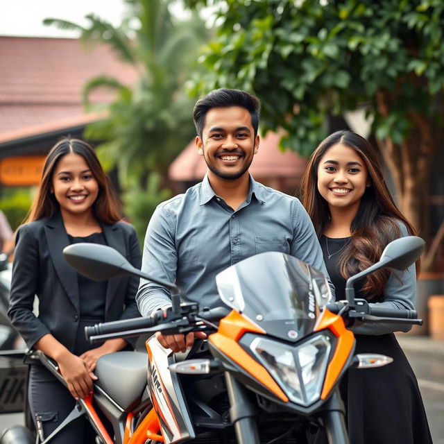 A handsome and humorous 26-year-old Indonesian-Turkish man, exuding confidence and success, standing in front of his KTM Duke motorcycle