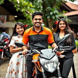 A handsome and humorous 26-year-old Indonesian-Turkish man, exuding confidence and success, standing in front of his KTM Duke motorcycle