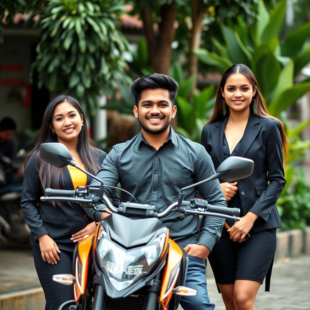 A handsome and humorous 26-year-old Indonesian-Turkish man, exuding confidence and success, standing in front of his KTM Duke motorcycle