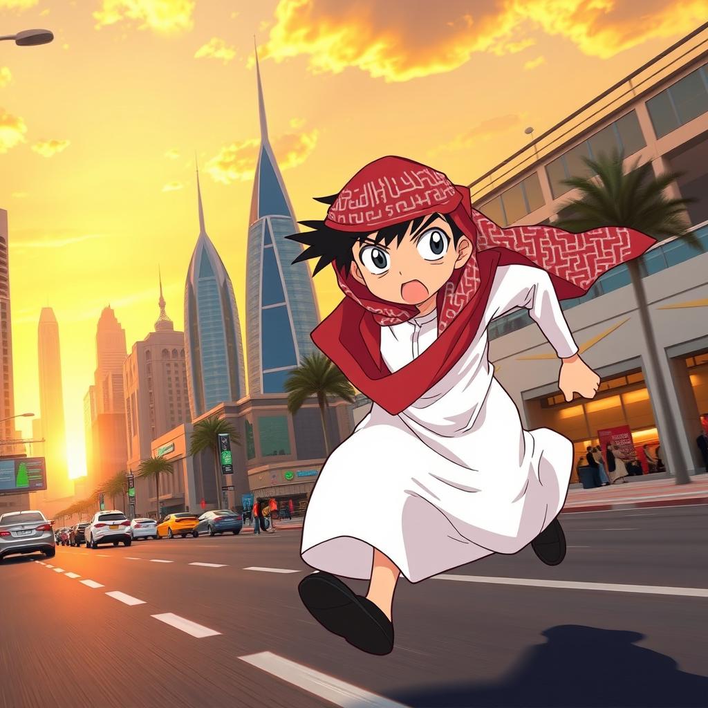 Anime character resembling Detective Conan, wearing a white thobe and a red Saudi shemagh, running energetically through the streets of Riyadh, Saudi Arabia