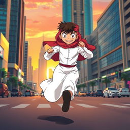 Anime character resembling Detective Conan, wearing a white thobe and a red Saudi shemagh, running energetically through the streets of Riyadh, Saudi Arabia