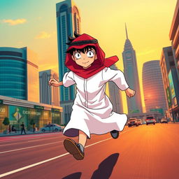 Anime character resembling Detective Conan, wearing a white thobe and a red Saudi shemagh, running energetically through the streets of Riyadh, Saudi Arabia