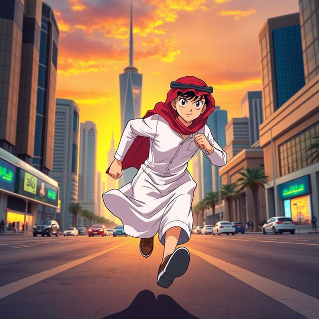 Anime character resembling Detective Conan, wearing a white thobe and a red Saudi shemagh, running energetically through the streets of Riyadh, Saudi Arabia