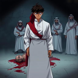 Detective Conan dressed in a white thobe with a red shmagh and agal, standing in front of a corpse with blood pooling around it