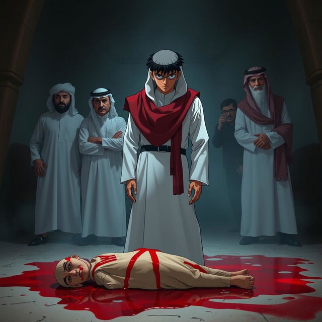 Detective Conan dressed in a white thobe with a red shmagh and agal, standing in front of a corpse with blood pooling around it